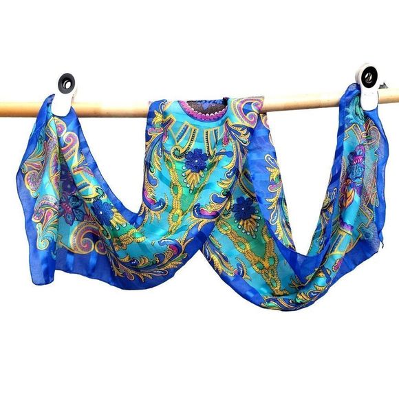 80s Colorful Berkshire Scarf Blue Polyester Rectangle Made in Italy 11 x 54 - Picture 10 of 10